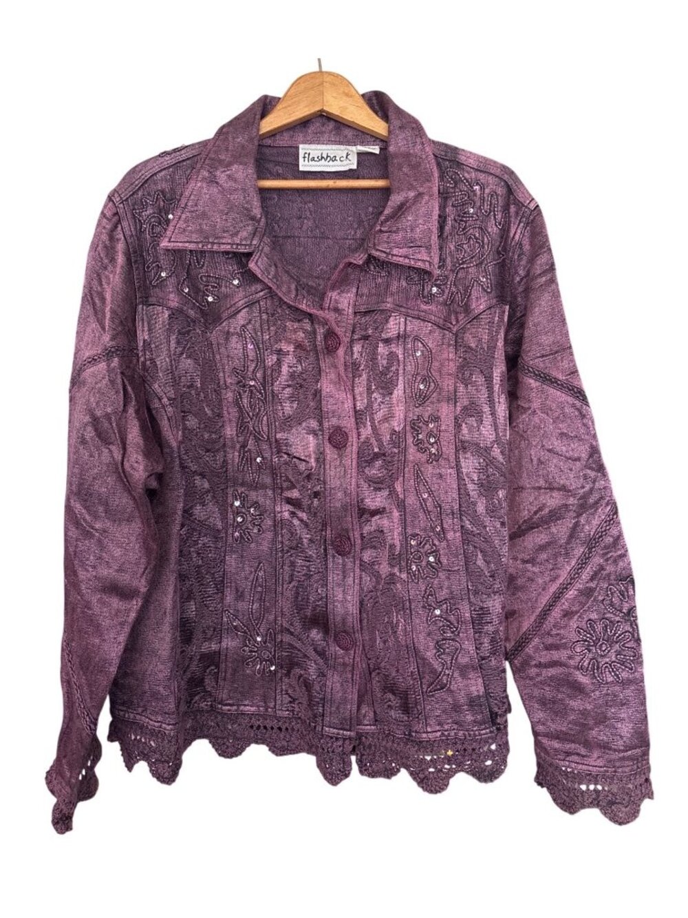 Flashback Embroidered Purple Button-Up Jacket 2X With Crochet Accents sequins